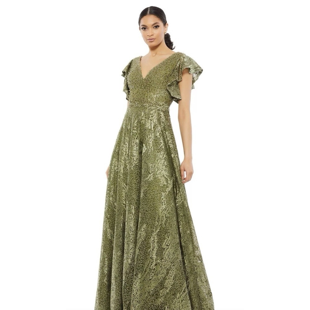 Mac Duggal Embroidered Flutter Sleeve V-Neck Gown Dress Olive Green Sz 10 20310